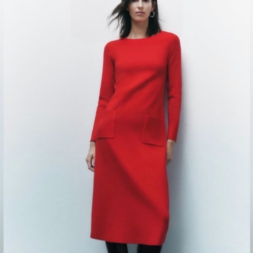 Zara Knit Vibrant Red Midi Long Sleeve Dress With Front Pockets
